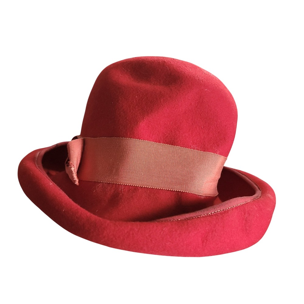 Mr Charles Vintage Red Wool Felt Hat Rolled‎ Brim Grosgrain Ribbon Bow Cloche